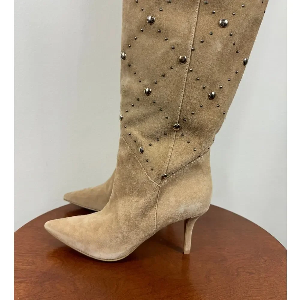 New Vince Camuto Fimulie Studded High Knee Boots Tortilla Suede Women's Size 9